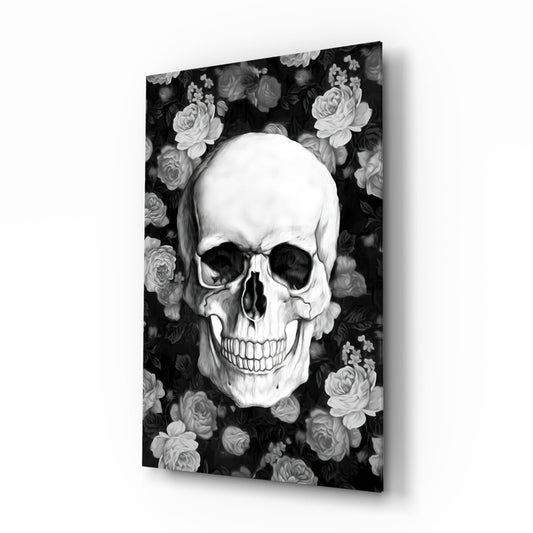 Monochrome Rose Garden Skull Glass Wall Art