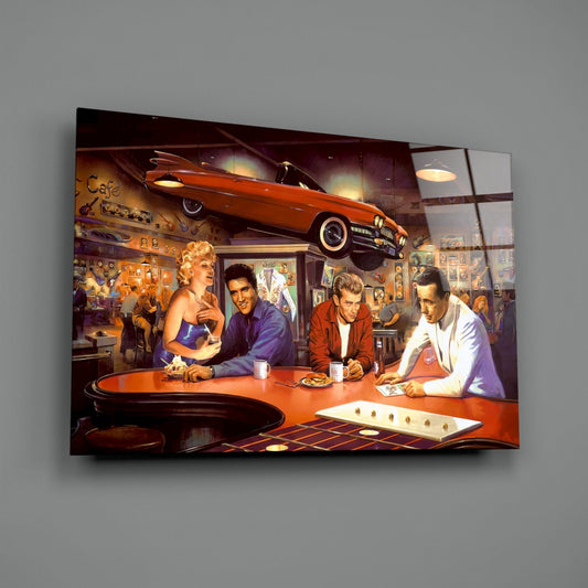 Red Convertible Retro Diner Icons Glass Wall Art