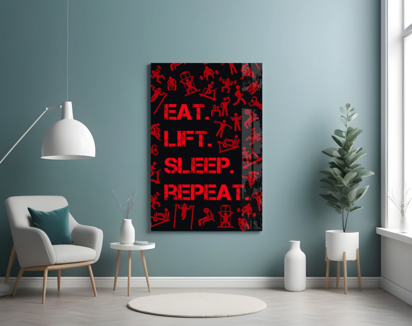 Red Gym Icons Eat Lift Sleep Repeat Glass Wall Art