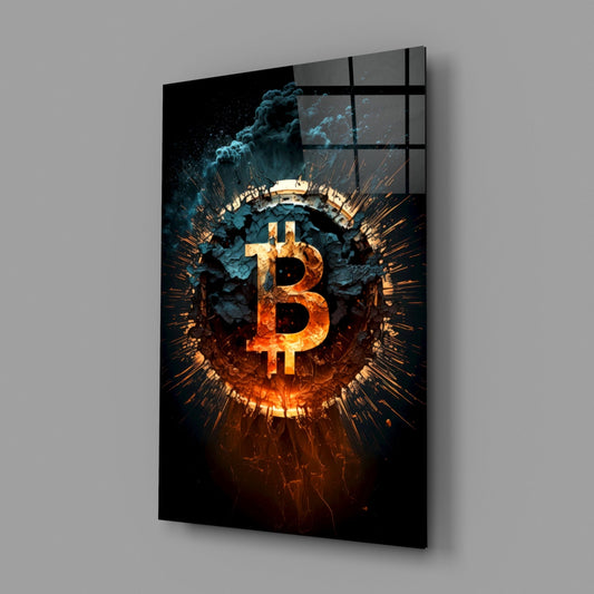 Fiery Cracked Bitcoin Blast Glass Wall Art