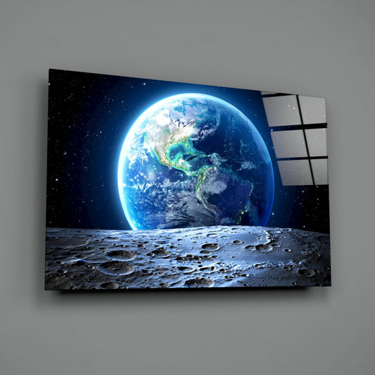 Earth Rise Over Cratered Moon Surface Glass Wall Art