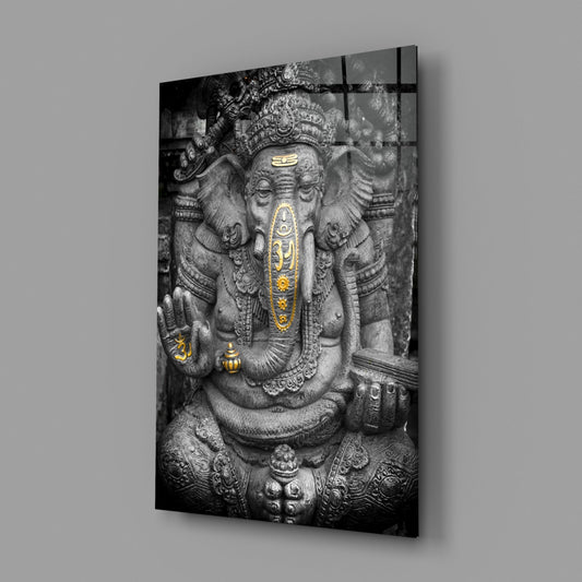 Gold Accented Stone Statue Ganesha Glass Wall Art