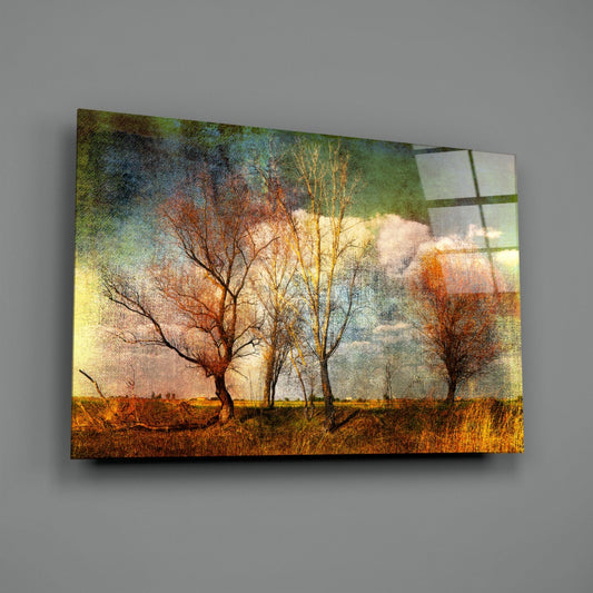 Textured Canvas Autumn Field Trees Glass Wall Art