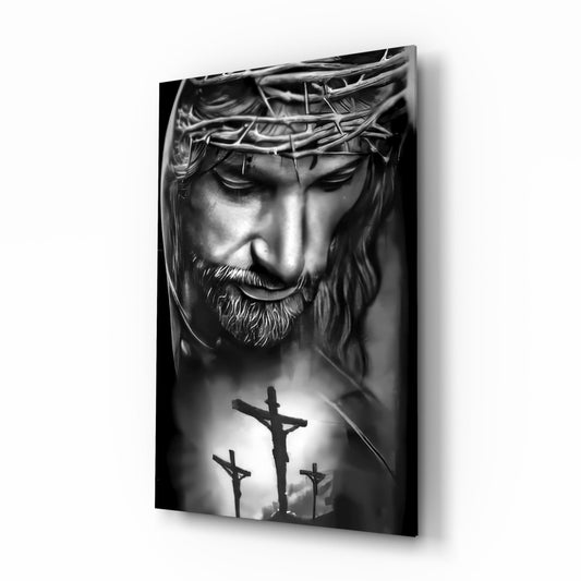 Black and White Crown of Thorns Jesus Glass Wall Art