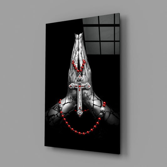 Praying Hands Red Rosary Cross Glass Wall Art