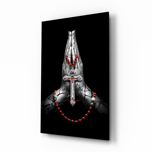 Praying Hands Red Rosary Cross Glass Wall Art