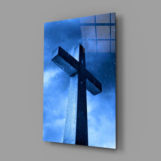 Blue Rain Stone Monument Cross Glass Wall Art
