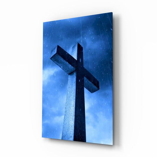 Blue Rain Stone Monument Cross Glass Wall Art
