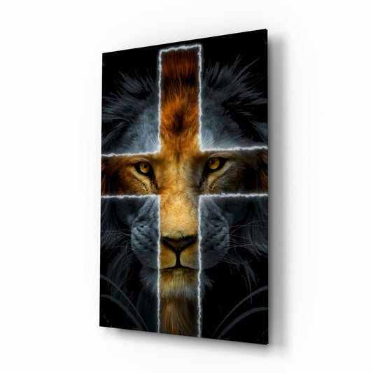Glowing Cross Faith Lion Glass Wall Art