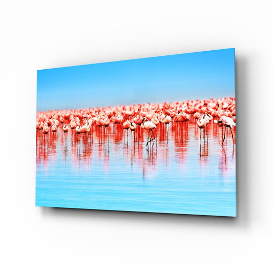 Pink Flock On Blue Lake Flamingos Glass Wall Art