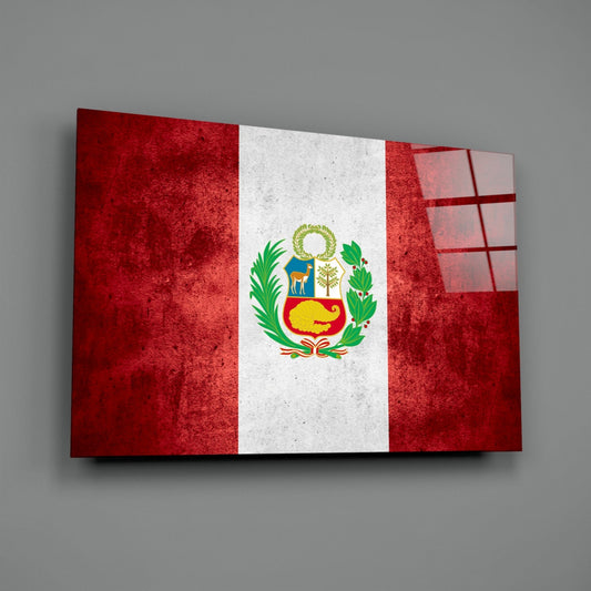Deep Crimson Grunge Peru Coat of Arms Flag Glass Wall Art