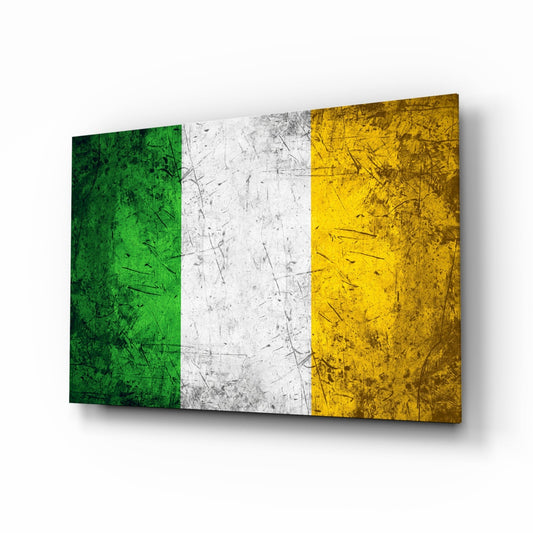 Scratched Metal Ireland Tricolor Flag Glass Wall Art