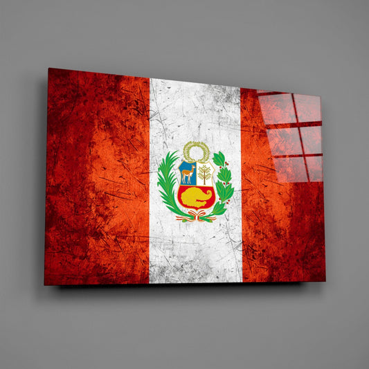 Scratched Orange Red Peru Emblem Flag Glass Wall Art