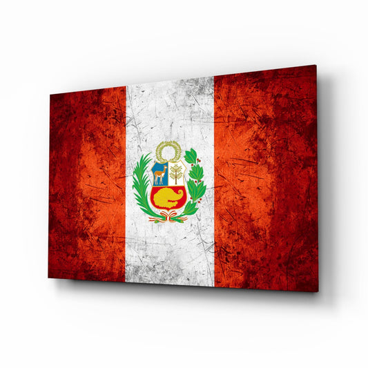 Scratched Orange Red Peru Emblem Flag Glass Wall Art