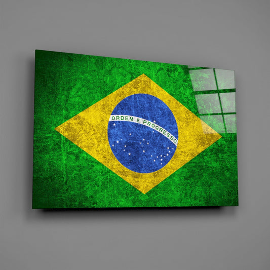 Distressed Grunge Brazil Star Globe Flag Glass Wall Art