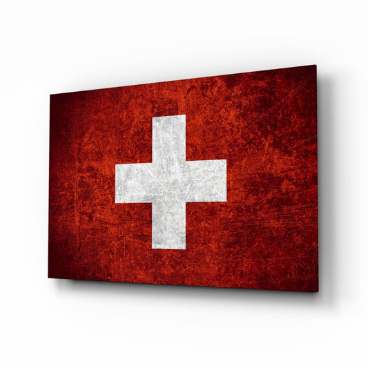 Deep Dark Red Weathered Swiss Cross Flag Glass Wall Art
