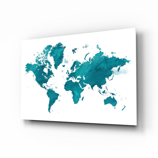 Teal Watercolor World Map Glass Wall Art