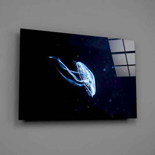 Solitary Blue Jellyfish Night Glass Wall Art