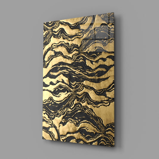 Black Marbled Ripple Golden Waves Glass Wall Art