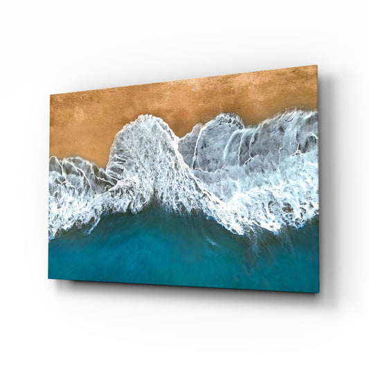 Aerial Golden Shore Waves Glass Wall Art
