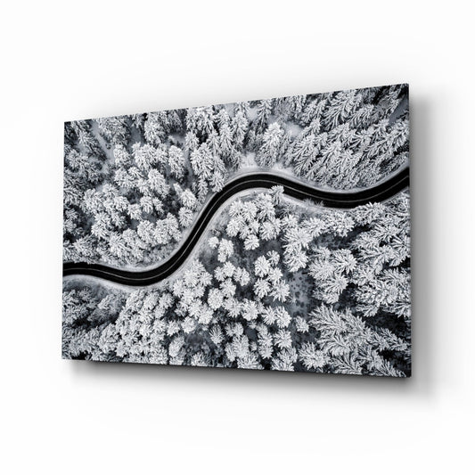 Aerial Snowy Forest Winding Road Glass Wall Art