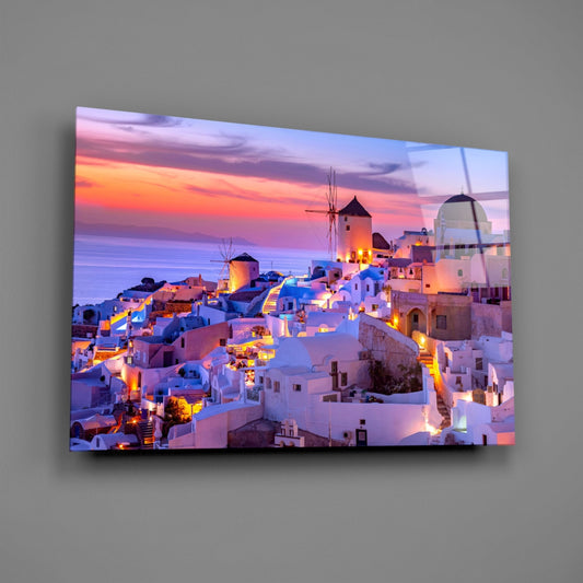 Purple Sunset Windmill Santorini Skyline Glass Wall Art