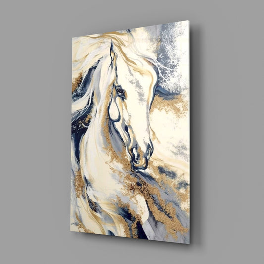 White Horse Navy Gold Marble Glass Wall Art