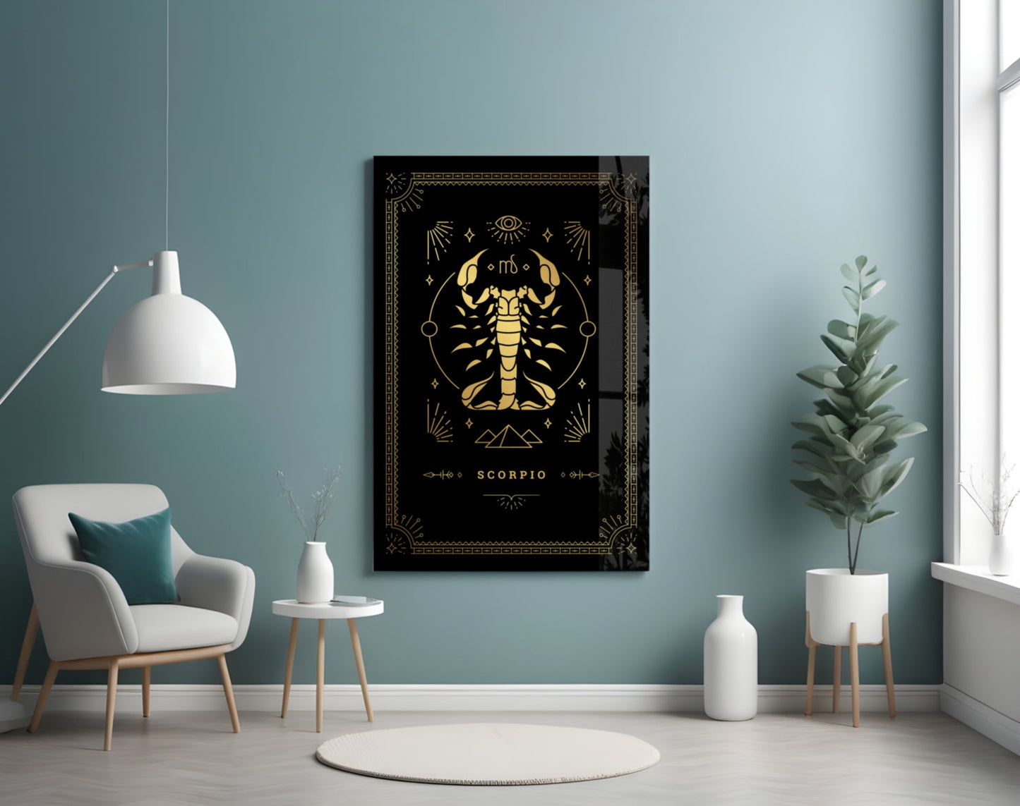 Gold Scorpion Zodiac Card on Black Glass Wall Art